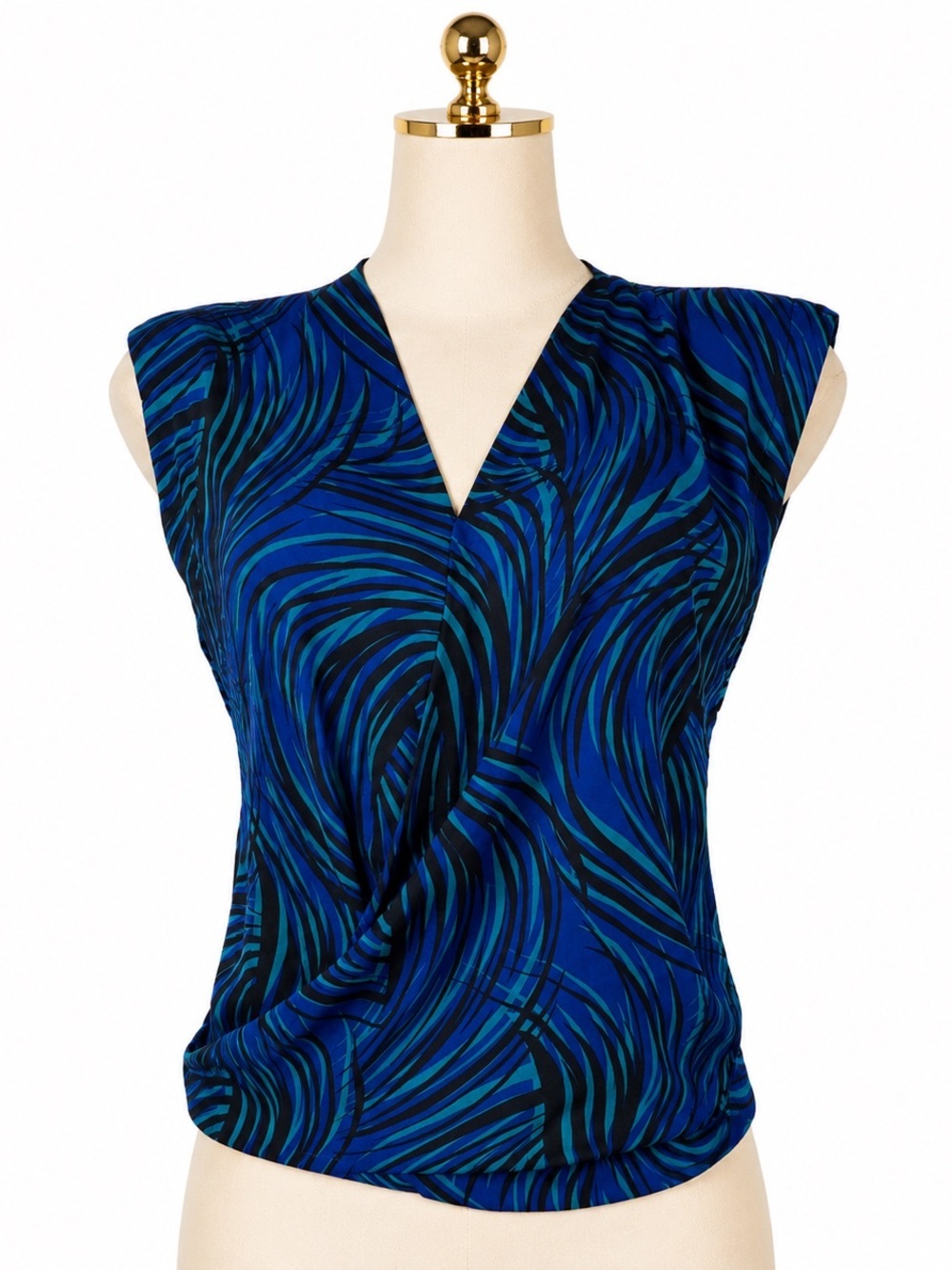 New Dynamite Blue Abstract Wrap Blouse | Open Back Draped Top | Size Medium